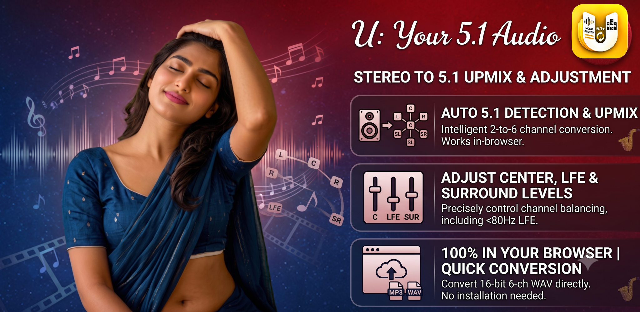 Stereo to 5.1 audio conversion features